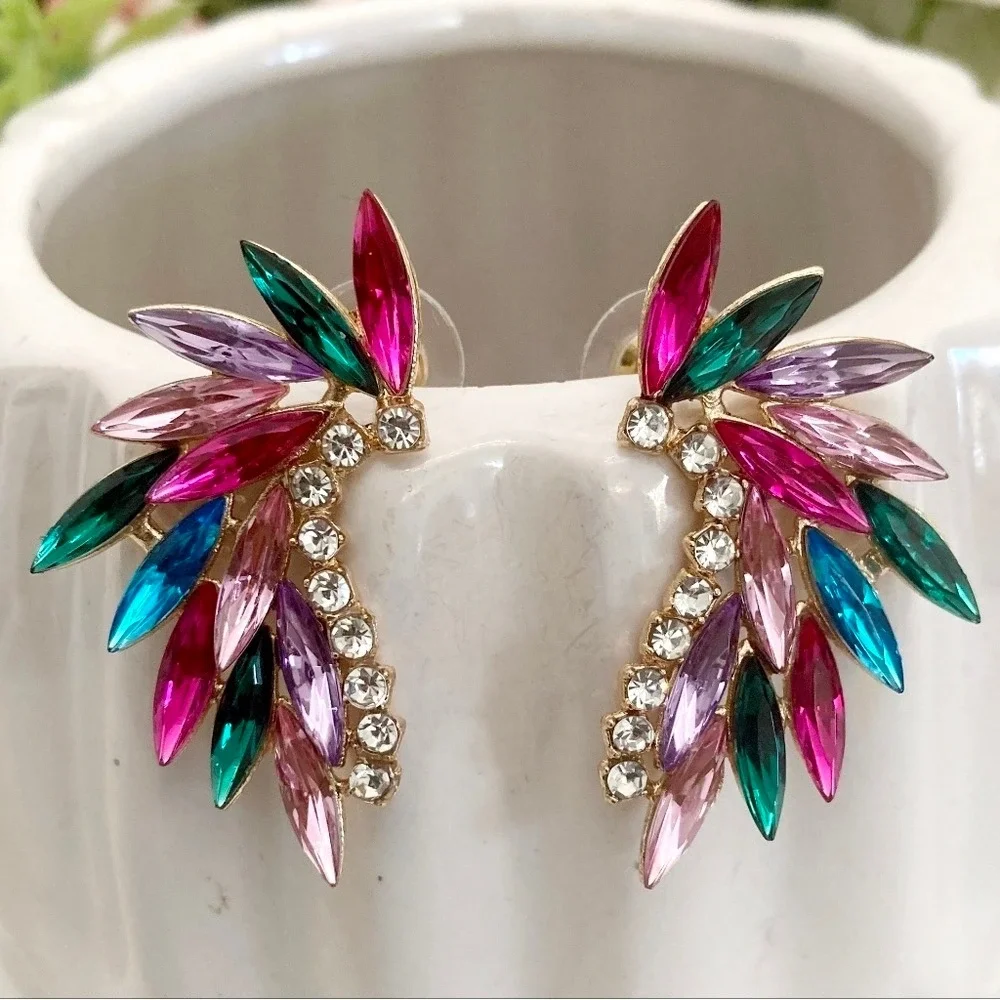 Gold Tone Multicolor Marquise Rhinestone Statement Earrings wedding party 💖